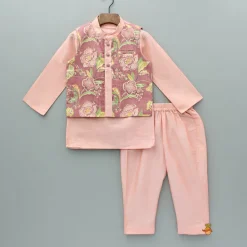 Fashion Peach Kurta And Printed Jacket With Pyjama BOY Twinning Sets | Indian Ethnic Wear
