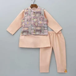 Online Peach Kurta With Brocade Multicolour Jacket And Pyjama BOY Indian Ethnic Wear | Ethnic Sets