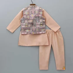 Online Peach Kurta With Brocade Multicolour Jacket And Pyjama BOY Indian Ethnic Wear | Ethnic Sets