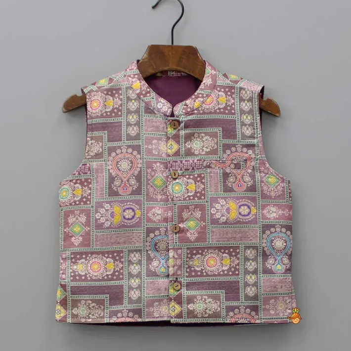 Online Peach Kurta With Brocade Multicolour Jacket And Pyjama BOY Indian Ethnic Wear | Ethnic Sets