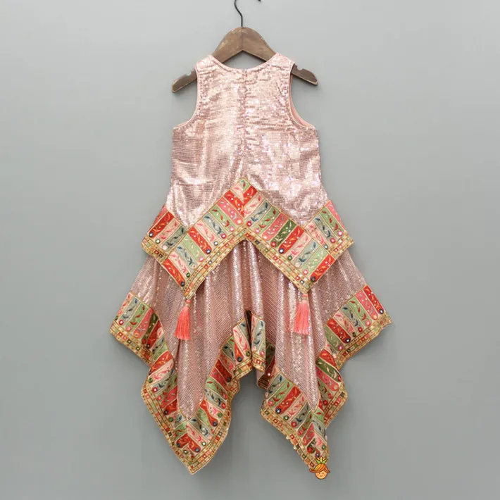 Sale Peach Kurti Embellished With Sequins Work And Embroidered Lace Border Ethnic Wear | Kurtis & Jumpsuits
