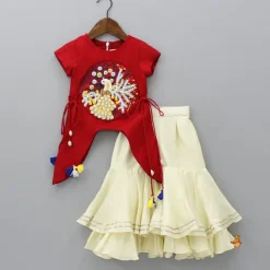 Fashion Peacock Embroidered Side Knot Detail Stylish Red Top And Layered Cream Sharara Ethnic Wear | Palazzos & Shararas