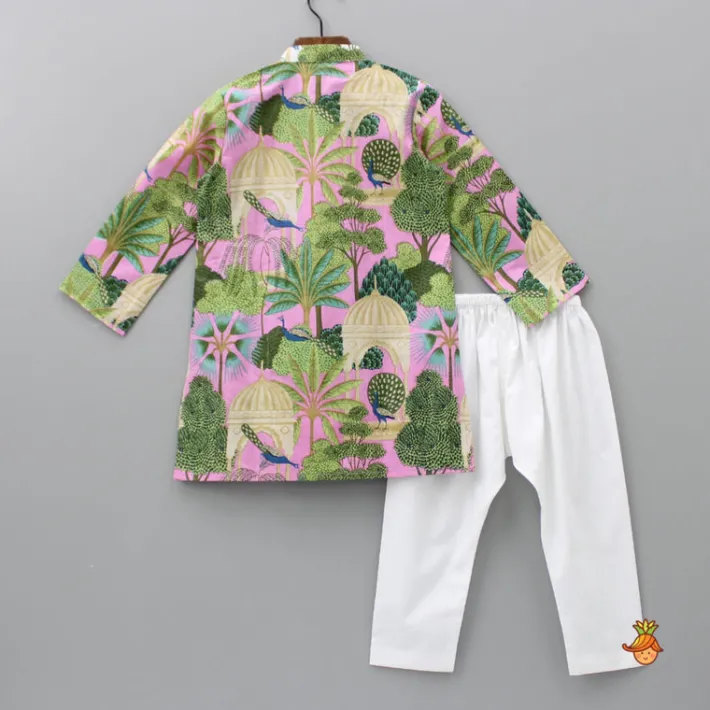 Outlet Peacock Printed Cotton Multicolour Kurta And White Pyjama BOY Indian Ethnic Wear | Ethnic Sets