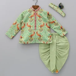 Hot Peacock Printed Kurta And Dhoti With Matching Mukut BOY Indian Ethnic Wear | Ethnic Sets