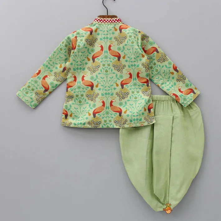 Hot Peacock Printed Kurta And Dhoti With Matching Mukut BOY Indian Ethnic Wear | Ethnic Sets