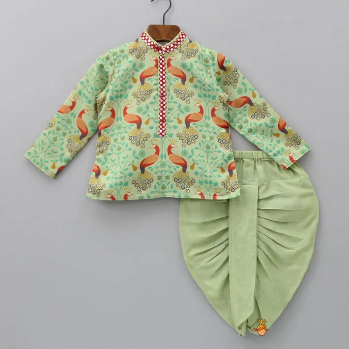 Hot Peacock Printed Kurta And Dhoti With Matching Mukut BOY Indian Ethnic Wear | Ethnic Sets
