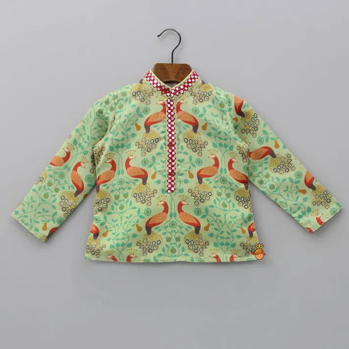 Hot Peacock Printed Kurta And Dhoti With Matching Mukut BOY Indian Ethnic Wear | Ethnic Sets