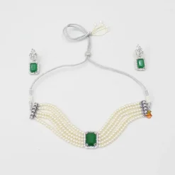Discount Pearls And Green Stone Studded Choker Necklace And Earrings Jewellery