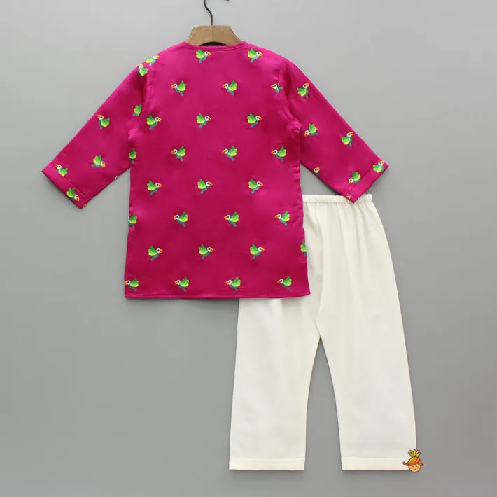 Hot Pink Bird Embroidered Kurta And Pyjama BOY Twinning Sets | Indian Ethnic Wear