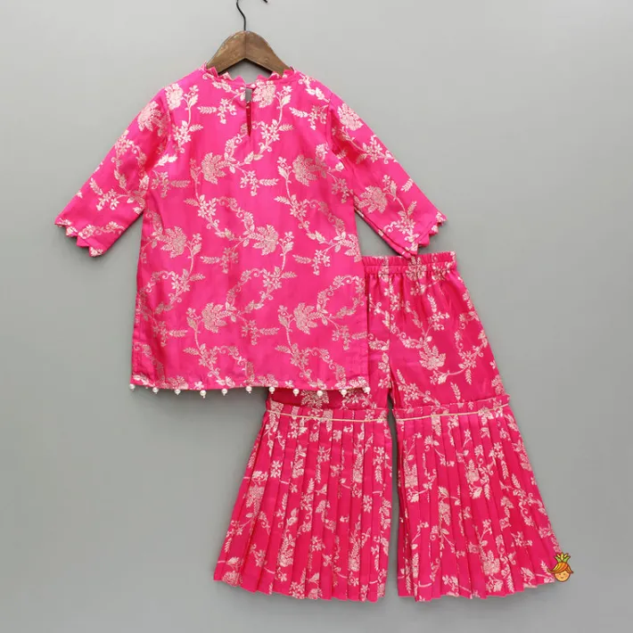Hot Pink Brocade Embellished Kurti And Sharara Ethnic Wear | Palazzos & Shararas