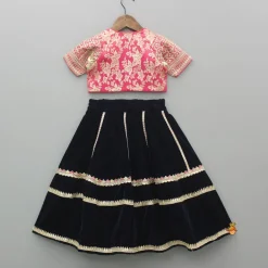 Hot Pink Chanderi Embroidered Top And Velvet Lehenga With Printed Dupatta Ethnic Wear | Lehengas & Ghagras