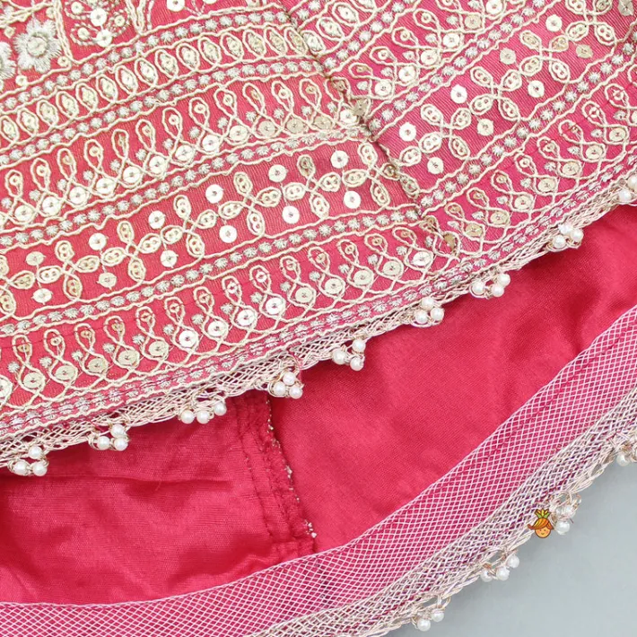 Hot Pink Chanderi Embroidered Long Kurti And Black Velvet Pant Ethnic Wear | Churidars & Salwars