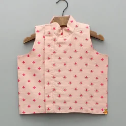 Discount Pink Chanderi Kurta With Stylish Embroidered Jacket And Pyjama BOY Twinning Sets | Indian Ethnic Wear