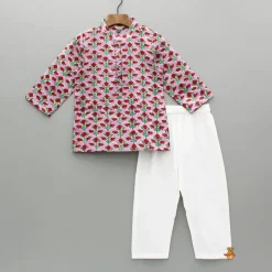 New Pink Cotton Floral Kurta With White Pyjama BOY Indian Ethnic Wear | Ethnic Sets