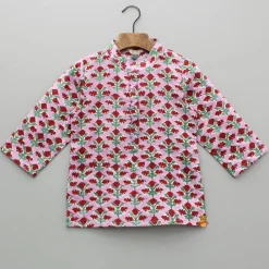 New Pink Cotton Floral Kurta With White Pyjama BOY Indian Ethnic Wear | Ethnic Sets