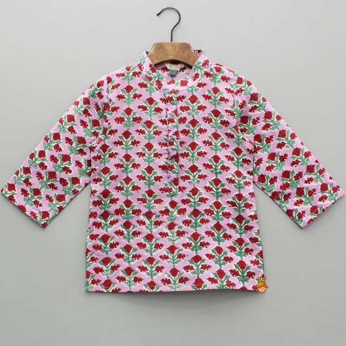 New Pink Cotton Floral Kurta With White Pyjama BOY Indian Ethnic Wear | Ethnic Sets