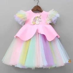 Clearance Pink Dress With Multicolour Net and Unicorn Beaded Brooch Dresses & Sets | Dresses