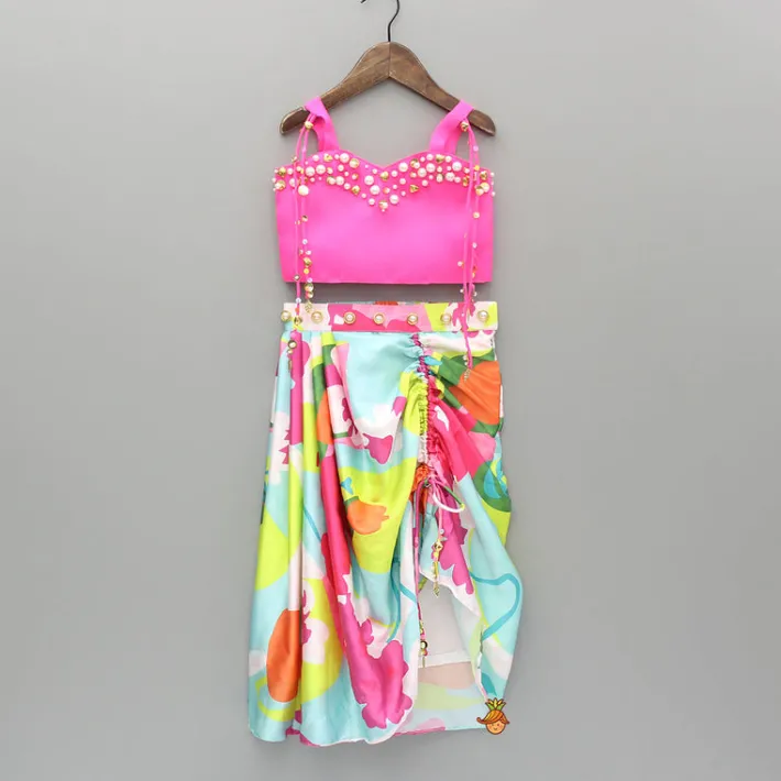 Outlet Pink Embellished Strappy Top And Printed Draped Skirt Ethnic Wear | Lehengas & Ghagras