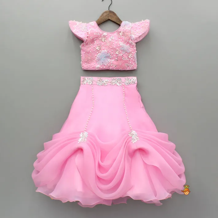Fashion Pink Embroidered And Embellished Top And Lehenga With Dupatta Ethnic Wear | Lehengas & Ghagras