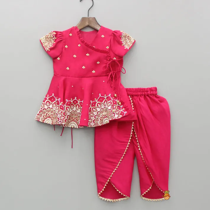 Clearance Pink Embroidered Angarkha Style Kurti And Tulip Dhoti Ethnic Wear | Dhotis & Patialas