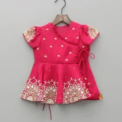 Clearance Pink Embroidered Angarkha Style Kurti And Tulip Dhoti Ethnic Wear | Dhotis & Patialas