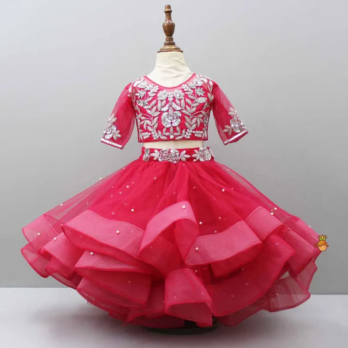 Sale Pink Embroidered Crop Top And Net Layered Lehenga Ethnic Wear | Lehengas & Ghagras