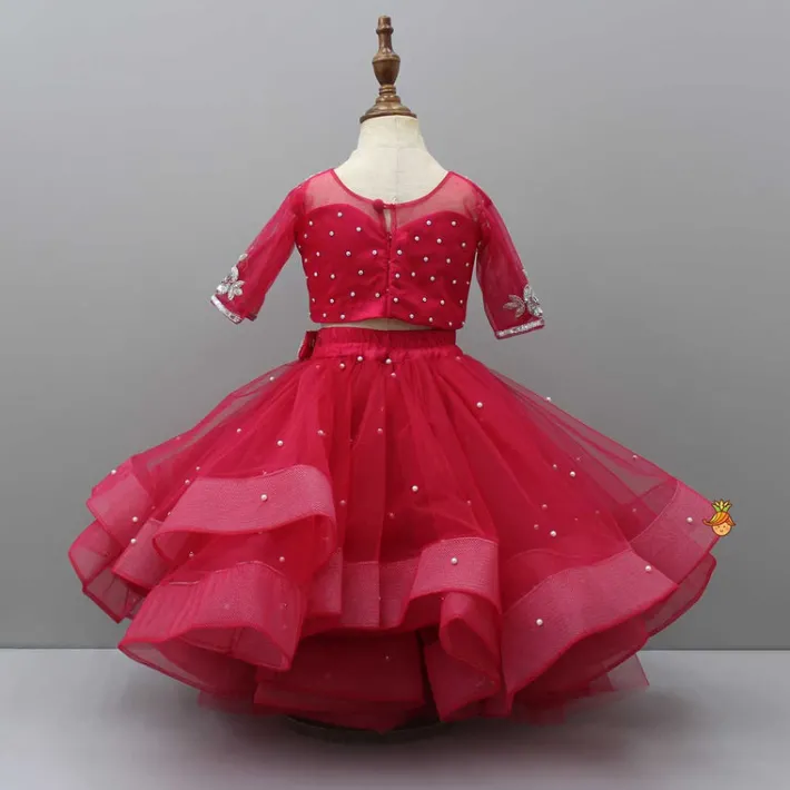 Sale Pink Embroidered Crop Top And Net Layered Lehenga Ethnic Wear | Lehengas & Ghagras