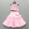 Best Pink Embroidered Flower Embellished Top With Pouch And Frills Layered Lehenga Ethnic Wear | Lehengas & Ghagras