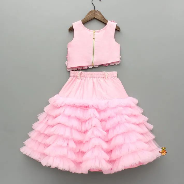 Best Pink Embroidered Flower Embellished Top With Pouch And Frills Layered Lehenga Ethnic Wear | Lehengas & Ghagras