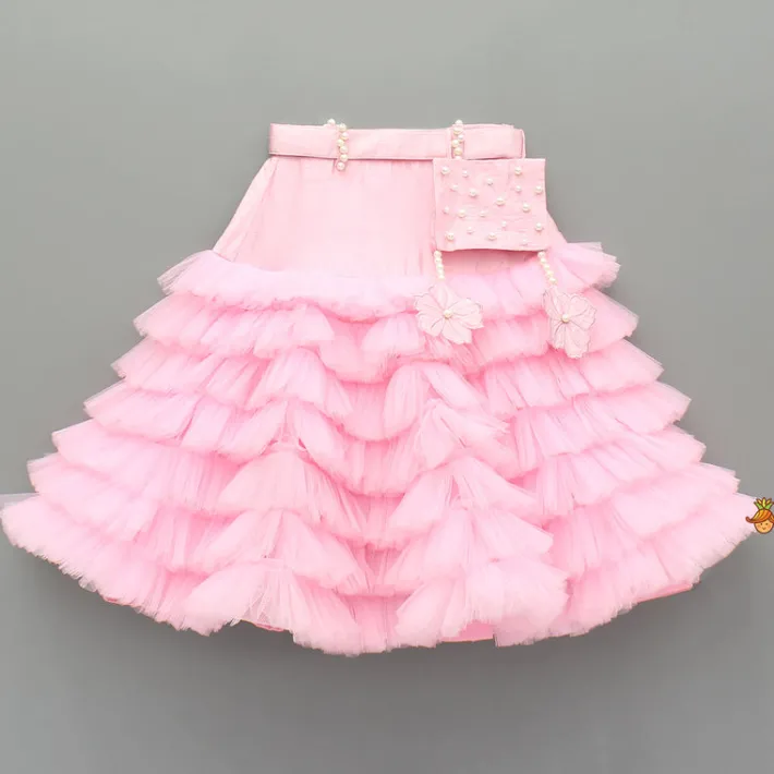 Best Pink Embroidered Flower Embellished Top With Pouch And Frills Layered Lehenga Ethnic Wear | Lehengas & Ghagras