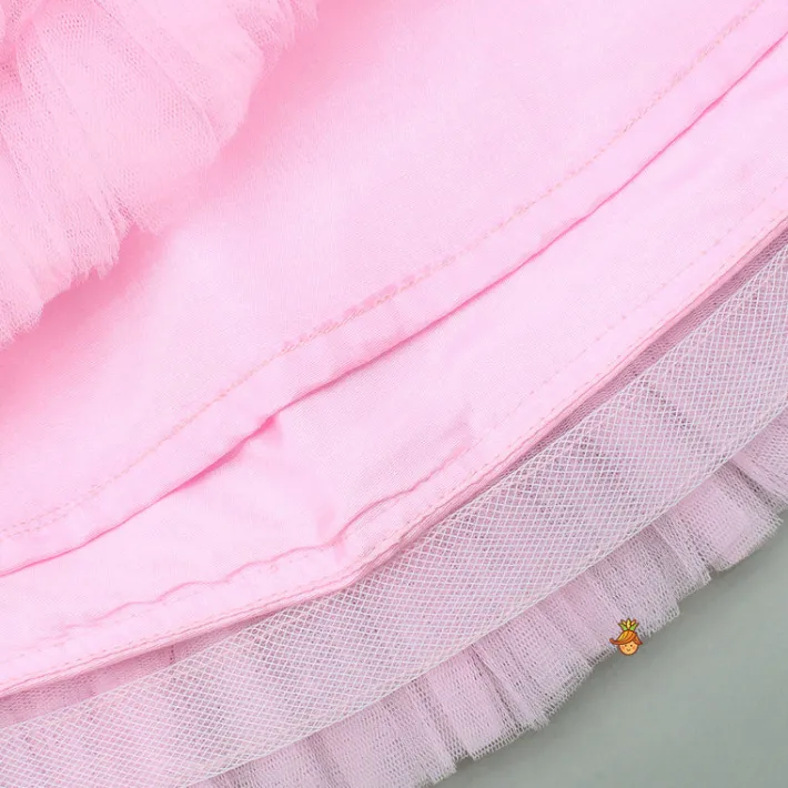 Best Pink Embroidered Flower Embellished Top With Pouch And Frills Layered Lehenga Ethnic Wear | Lehengas & Ghagras