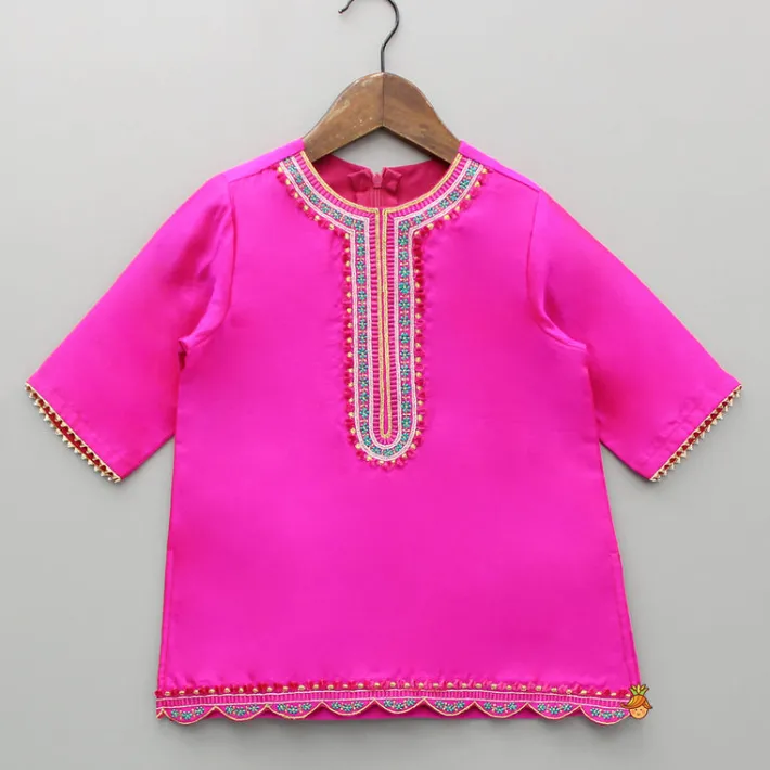 New Pink Embroidered Kurti With Pant And Dupatta Ethnic Wear | Churidars & Salwars