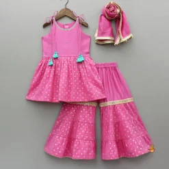 Hot Pink Embroidered Strappy Kurti And Tiered Sharara With Dupatta Ethnic Wear | Palazzos & Shararas