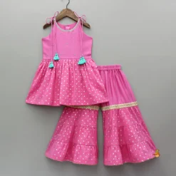 Hot Pink Embroidered Strappy Kurti And Tiered Sharara With Dupatta Ethnic Wear | Palazzos & Shararas