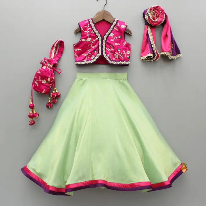 Best Pink Embroidered Top And Green Lehenga With Dupatta And Matching Potli Bag Ethnic Wear | Lehengas & Ghagras