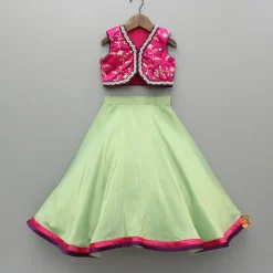 Best Pink Embroidered Top And Green Lehenga With Dupatta And Matching Potli Bag Ethnic Wear | Lehengas & Ghagras