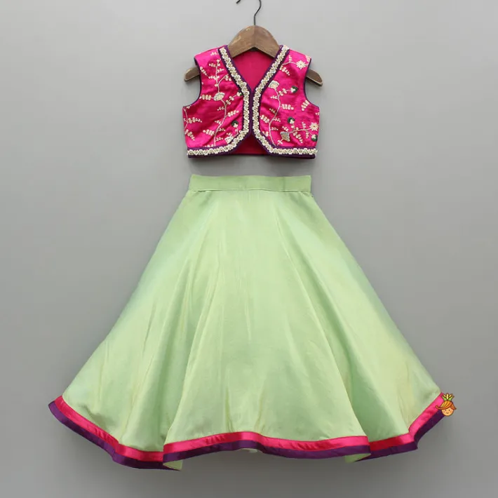 Best Pink Embroidered Top And Green Lehenga With Dupatta And Matching Potli Bag Ethnic Wear | Lehengas & Ghagras