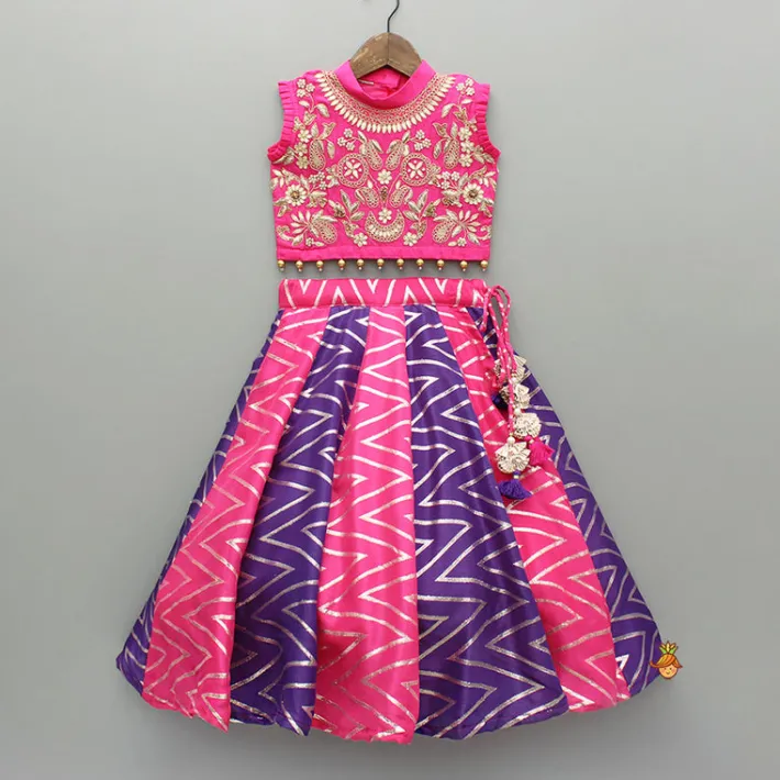 Discount Pink Embroidered Top With Colour Blocked Lehenga Ethnic Wear | Lehengas & Ghagras