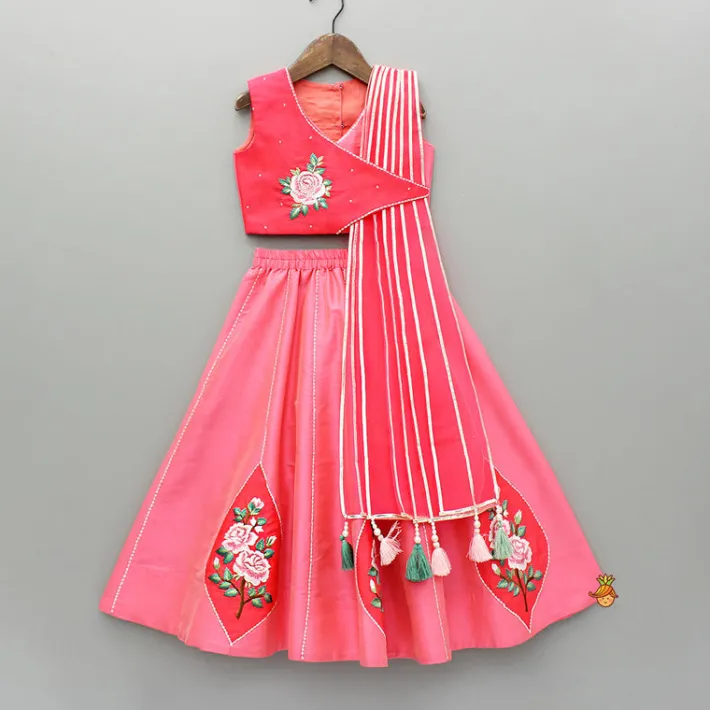 New Pink Floral Embroidered Top With Attached Pleated Dupatta And Lehenga Ethnic Wear | Lehengas & Ghagras
