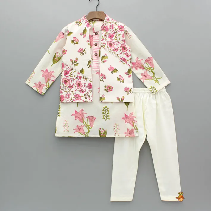 Hot Pink Floral Printed Kurta With Front Open Jacket And Pyjama BOY Indian Ethnic Wear | Ethnic Sets