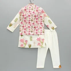 Hot Pink Floral Printed Kurta With Front Open Jacket And Pyjama BOY Indian Ethnic Wear | Ethnic Sets