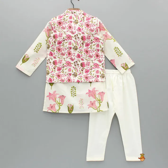 Hot Pink Floral Printed Kurta With Front Open Jacket And Pyjama BOY Indian Ethnic Wear | Ethnic Sets