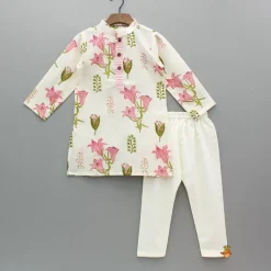 Hot Pink Floral Printed Kurta With Front Open Jacket And Pyjama BOY Indian Ethnic Wear | Ethnic Sets