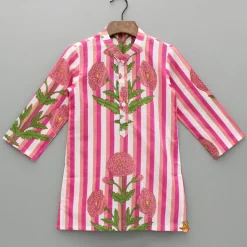 Fashion Pink Floral Printed Kurta With Gota Lace Detailed Jacket And Pyjama BOY Twinning Sets | Indian Ethnic Wear