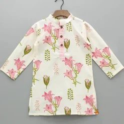 Hot Pink Floral Printed Kurta With Front Open Jacket And Pyjama BOY Indian Ethnic Wear | Ethnic Sets