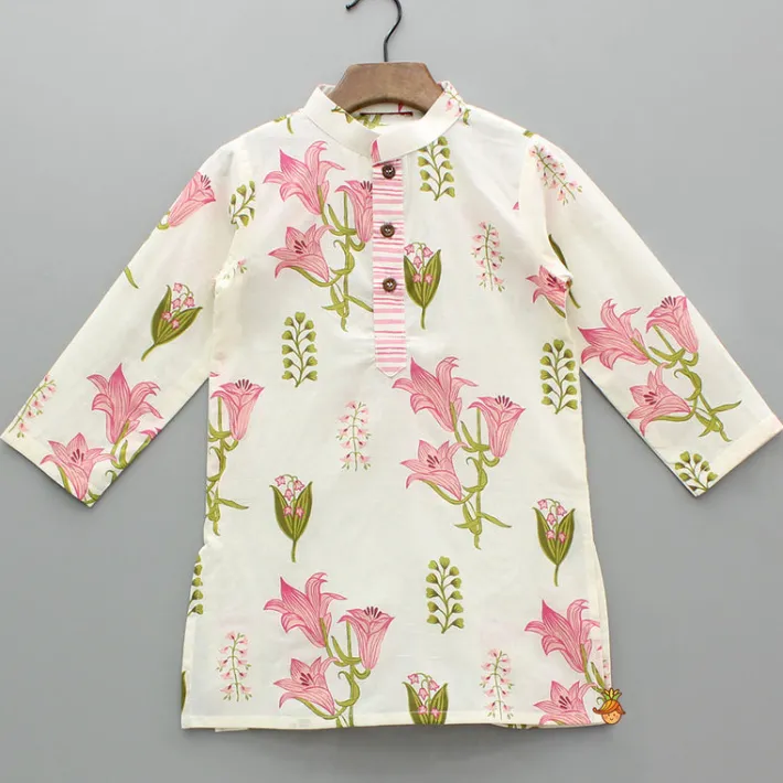 Hot Pink Floral Printed Kurta With Front Open Jacket And Pyjama BOY Indian Ethnic Wear | Ethnic Sets