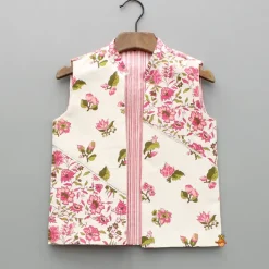 Hot Pink Floral Printed Kurta With Front Open Jacket And Pyjama BOY Indian Ethnic Wear | Ethnic Sets
