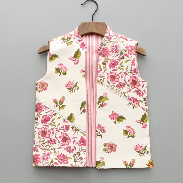 Hot Pink Floral Printed Kurta With Front Open Jacket And Pyjama BOY Indian Ethnic Wear | Ethnic Sets