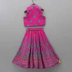 Hot Pink Floral Printed Top And Lehenga With Matching Potli And Net Dupatta Ethnic Wear | Lehengas & Ghagras