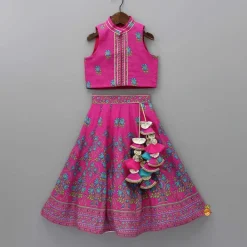 Hot Pink Floral Printed Top And Lehenga With Matching Potli And Net Dupatta Ethnic Wear | Lehengas & Ghagras